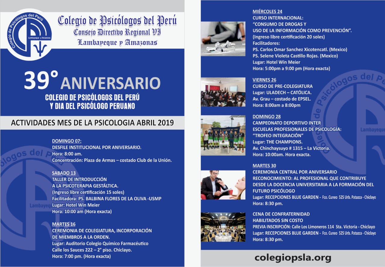 Colegio de Psicólogos del Perú CDR VI - Lambayeque y Amazonas - 39  Aniversario Colegio de Psicólogos del Perú